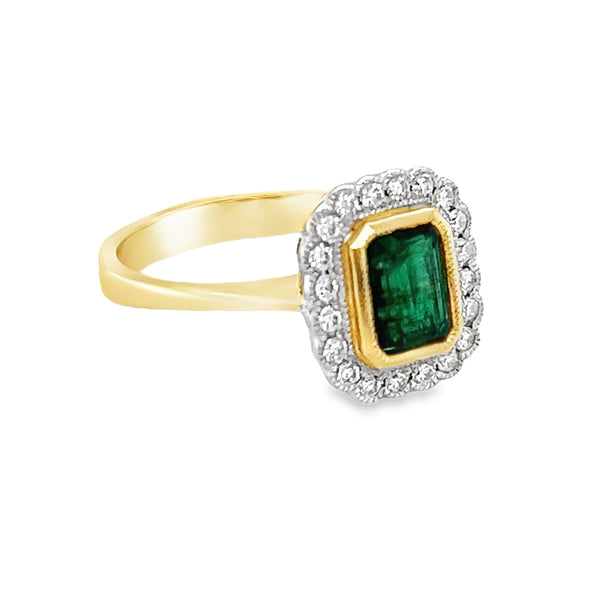 Emerald & Diamond Octagonal Cluster Ring 18ct Yellow Gold side