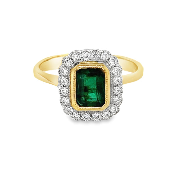 Emerald & Diamond Octagonal Cluster Ring 18ct Yellow Gold