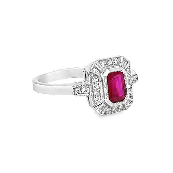 Ruby & Diamond Octagonal Cluster Ring 18ct White Gold side