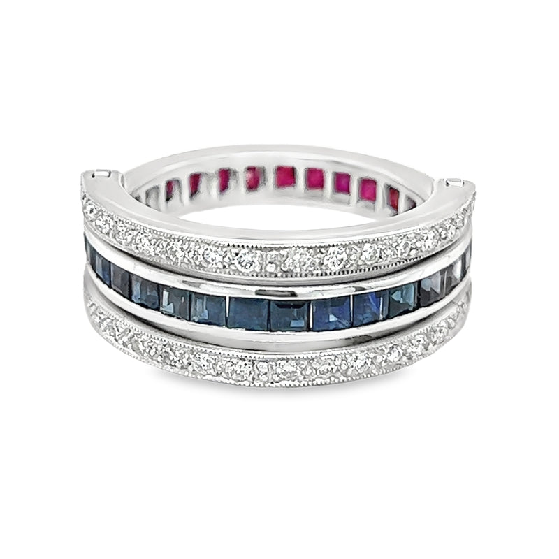 Sapphire, Diamond & Ruby Swivel Ring 18ct White Gold sapphire side