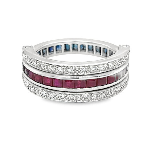 Sapphire, Diamond & Ruby Swivel Ring 18ct White Gold ruby side