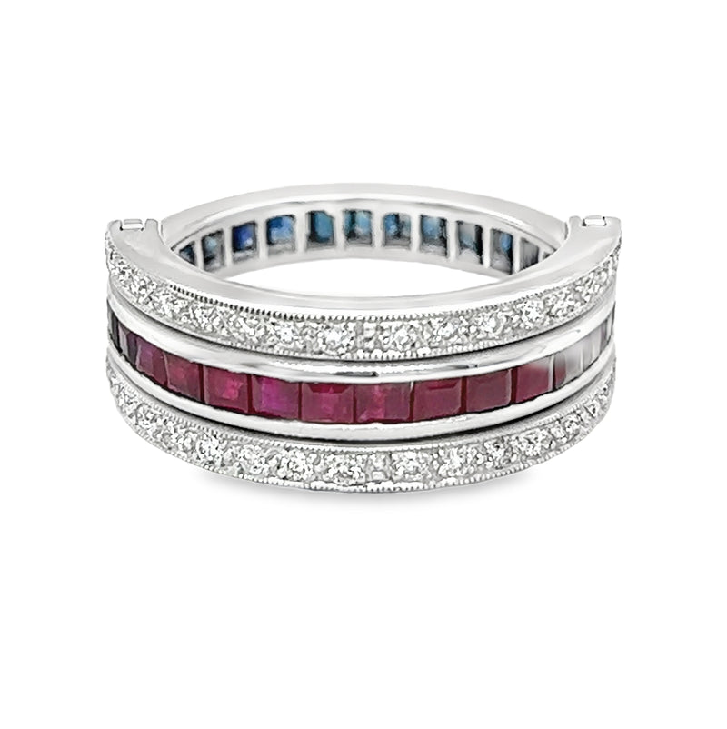 Sapphire, Diamond & Ruby Swivel Ring 18ct White Gold ruby side