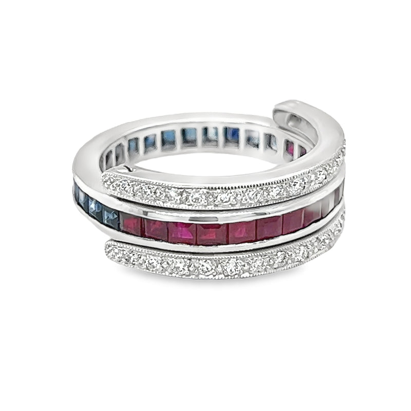 Sapphire, Diamond & Ruby Swivel Ring 18ct White Gold side