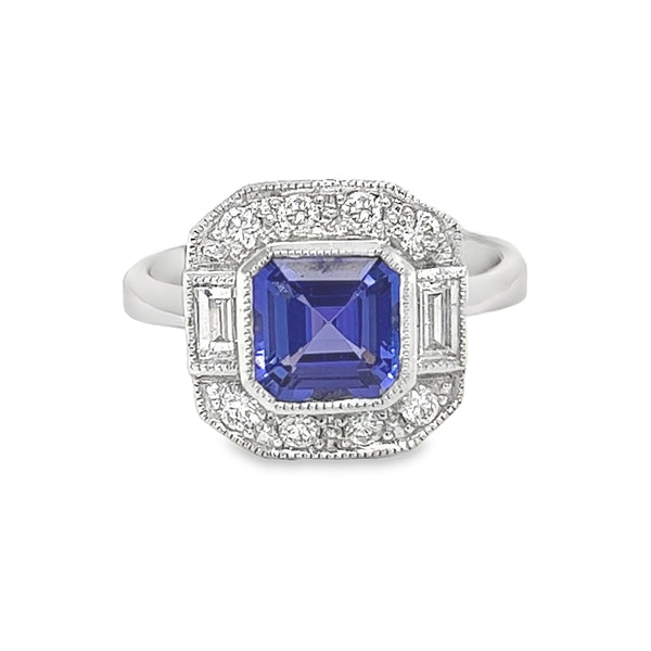 Tanzanite & Diamond Square Cluster Ring