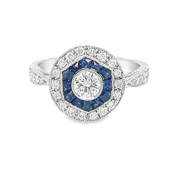 Sapphire & Diamond Deco Style Round Cluster Ring 18ct White Gold