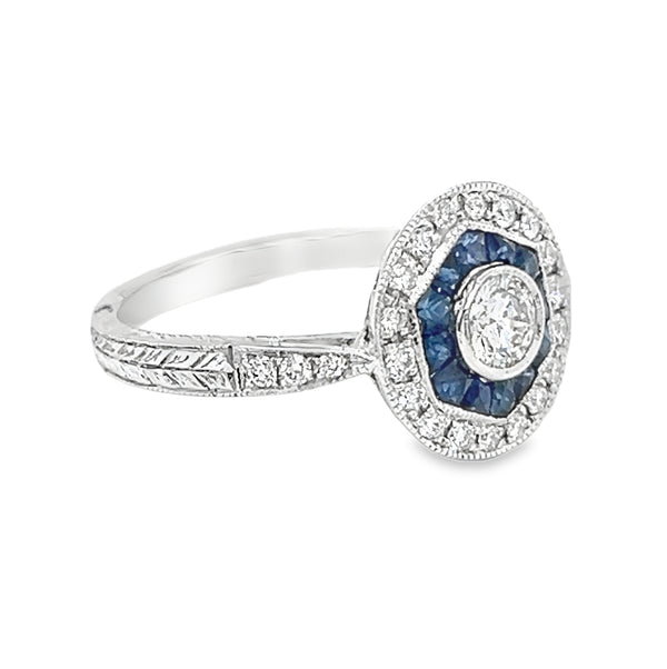 Sapphire & Diamond Deco Style Round Cluster Ring 18ct White Gold side