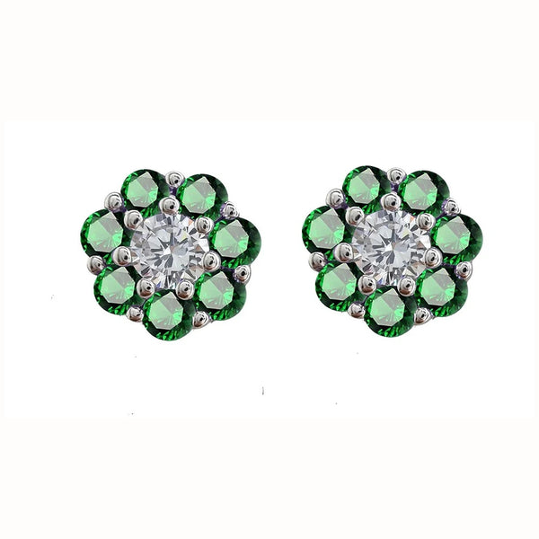 Sterling Silver Green & White CZ Daisy Cluster Earrings