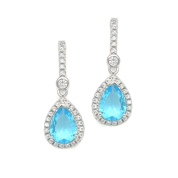 Silver Sky Blue & White CZ Tear Drop Earrings