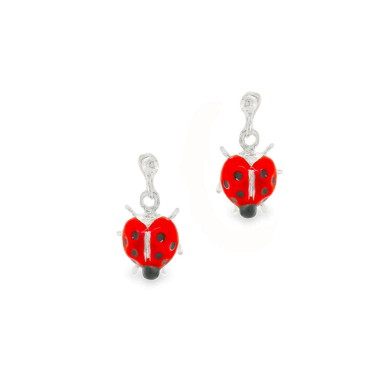 Silver Red Enamel Ladybird Drop Earrings