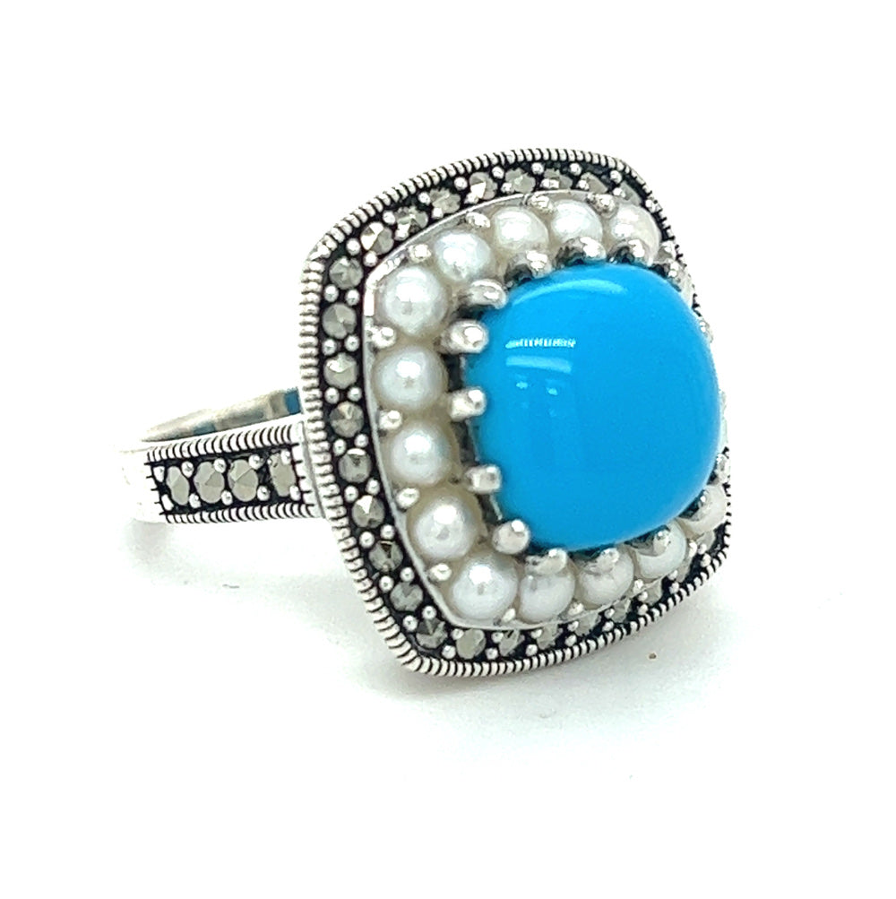 Silver Marcasite Pearl & Turquoise Ring – Striacroft Jewellers