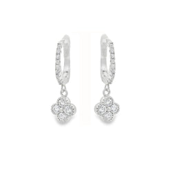 Silver Cubic Zirconia Dangle Clover Huggy Earrings