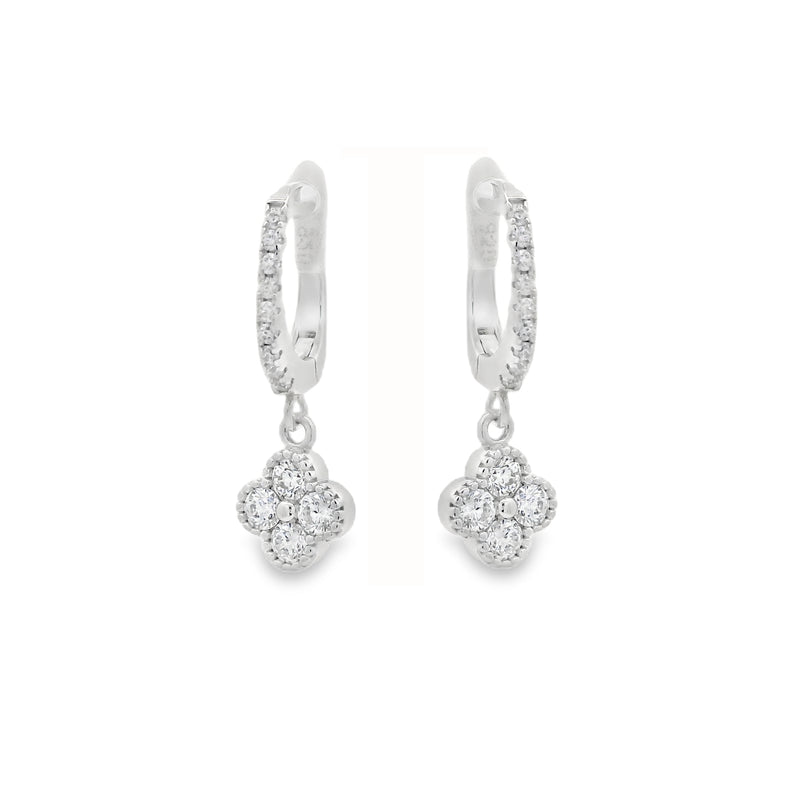 Silver Cubic Zirconia Dangle Clover Huggy Earrings