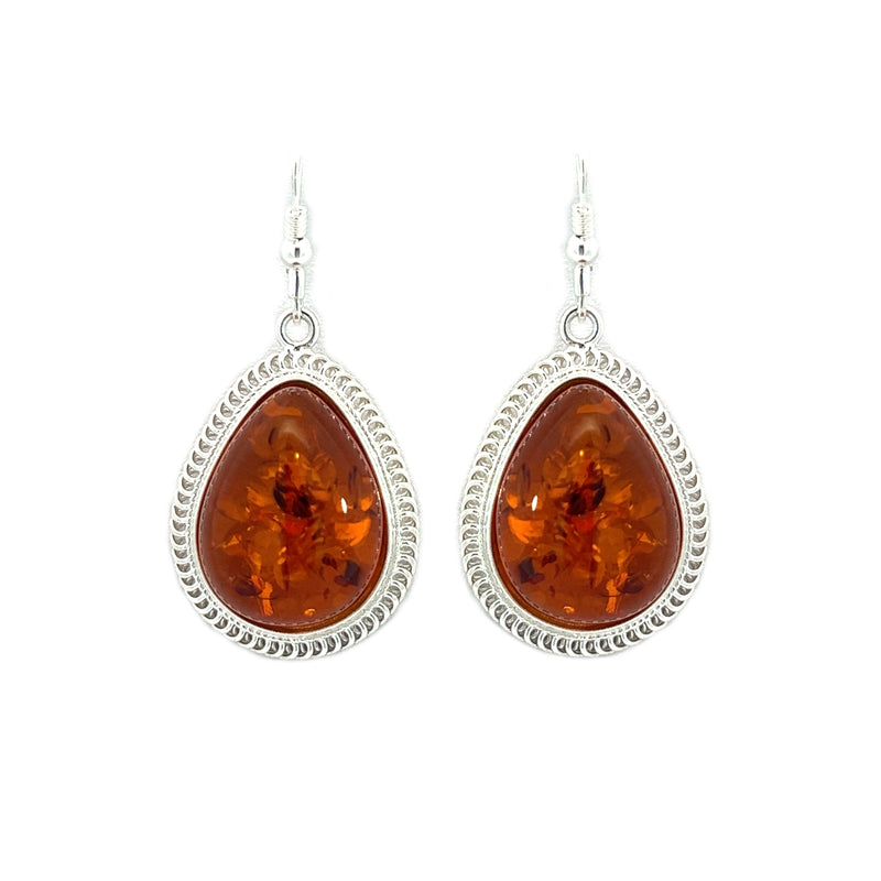 Sterling Silver Large Pear Amber Drop Earrings