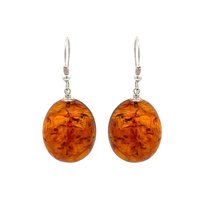 Sterling Silver Large Oval Amber Drop Earrings