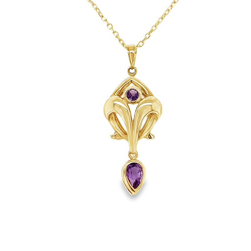 Amethyst Deco Style Drop Pendant 9ct Gold