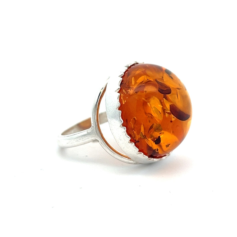 Sterling Silver Large Round Amber Ring