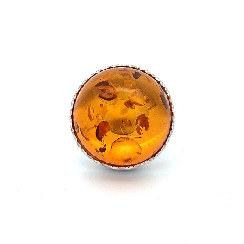 Sterling Silver Large Round Amber Ring