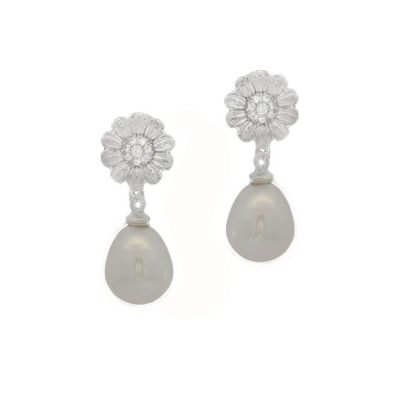 Silver Freshwater Pearl CZ Flower Drop Earrings