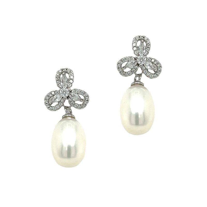 Silver Freshwater Pearl CZ Petals Drop Earrings