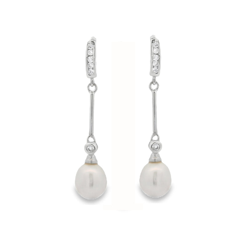 Silver Freshwater Pearl CZ Long Drop Earrings