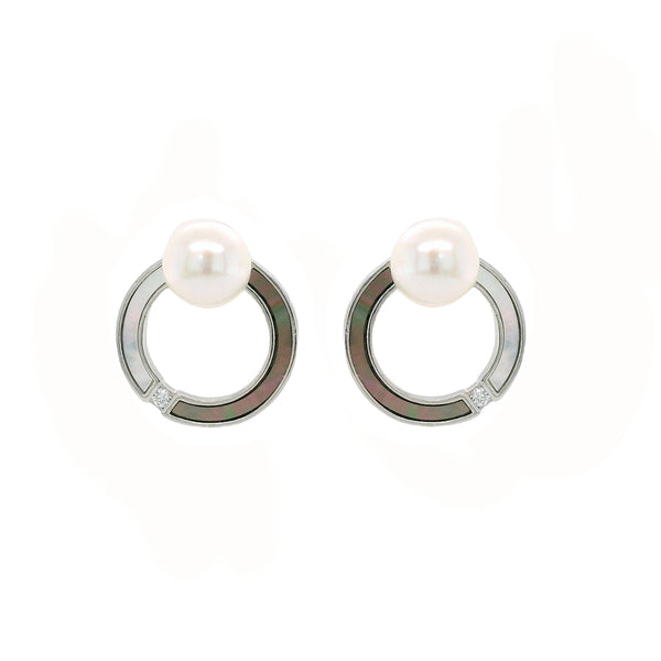 Silver CZ Pearl Circle Earrings