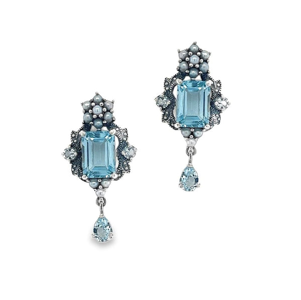 Silver Blue Topaz, Marcasite & Pearl Drop Earrings