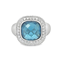 Silver London Blue Topaz Brushed Finish Cushion Ring