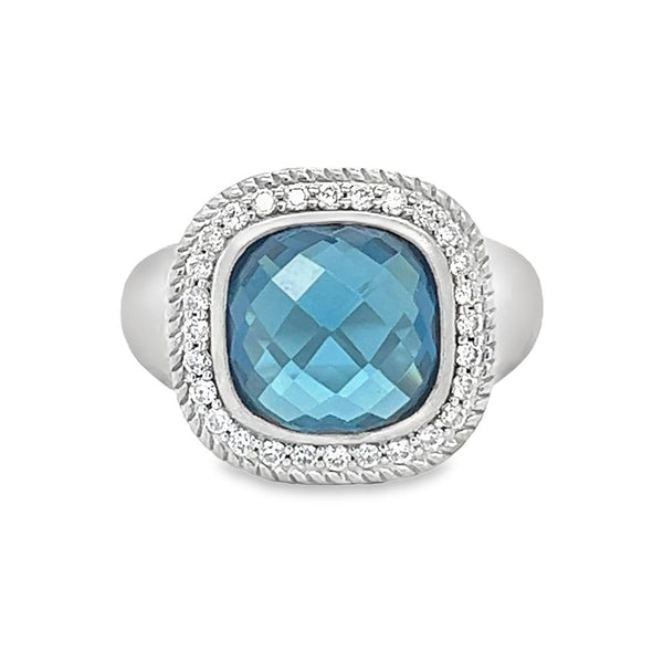 Silver London Blue Topaz Brushed Finish Cushion Ring