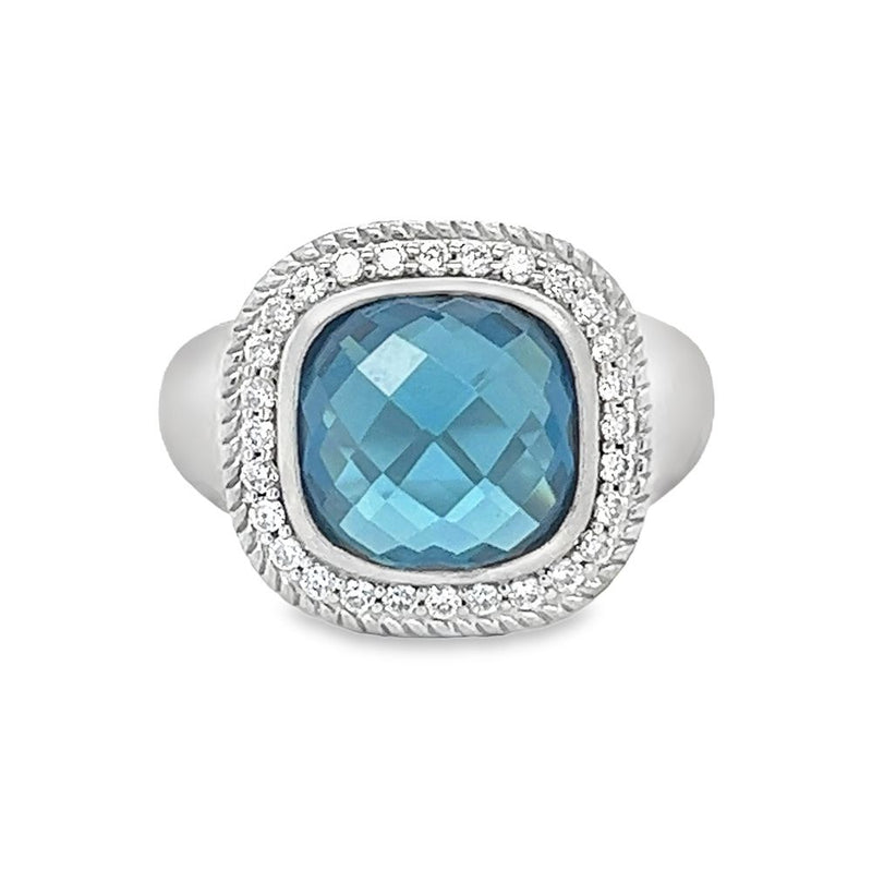 Silver London Blue Topaz Brushed Finish Cushion Ring