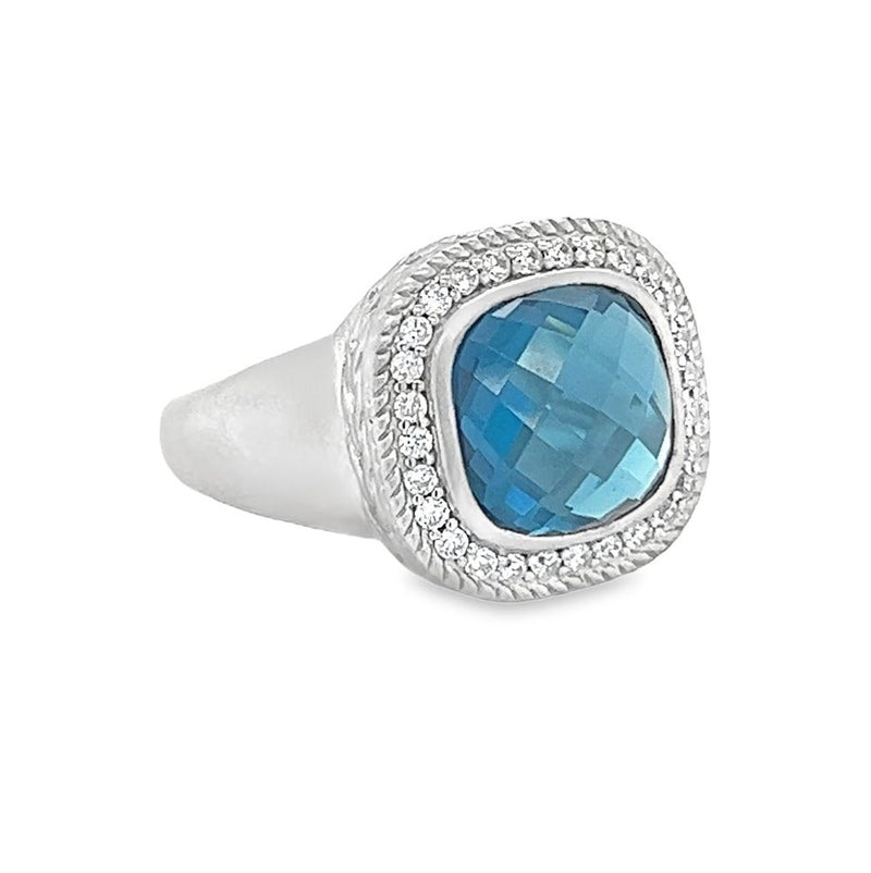 Silver London Blue Topaz Brushed Finish Cushion Ring side