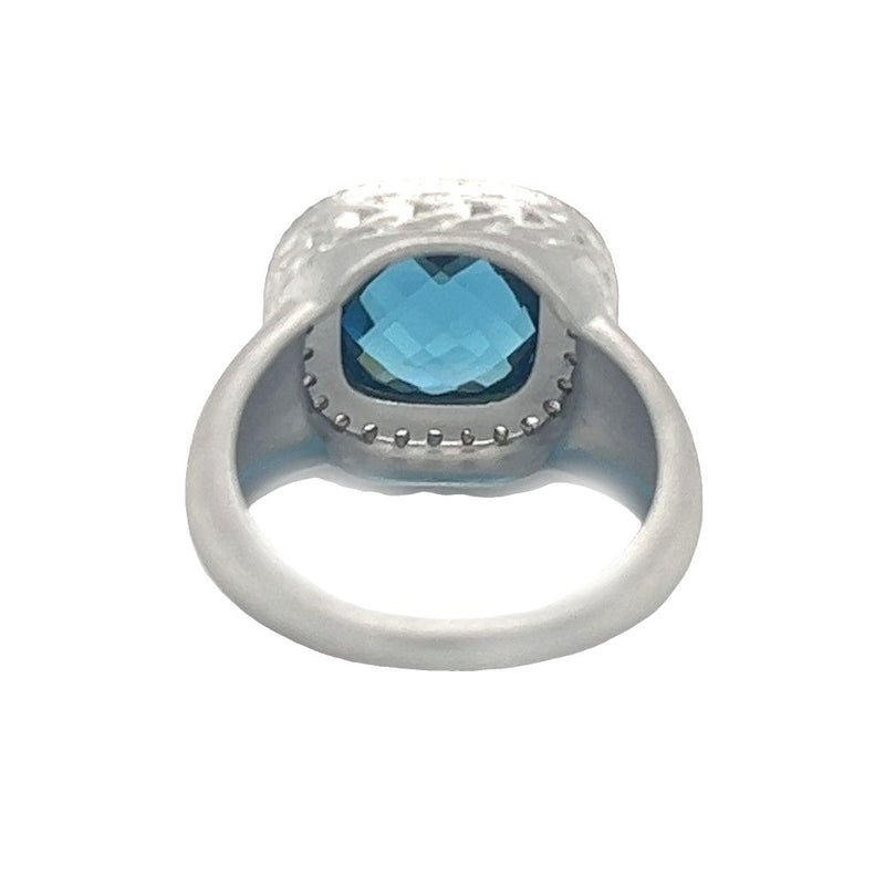 Silver London Blue Topaz Brushed Finish Cushion Ring rear