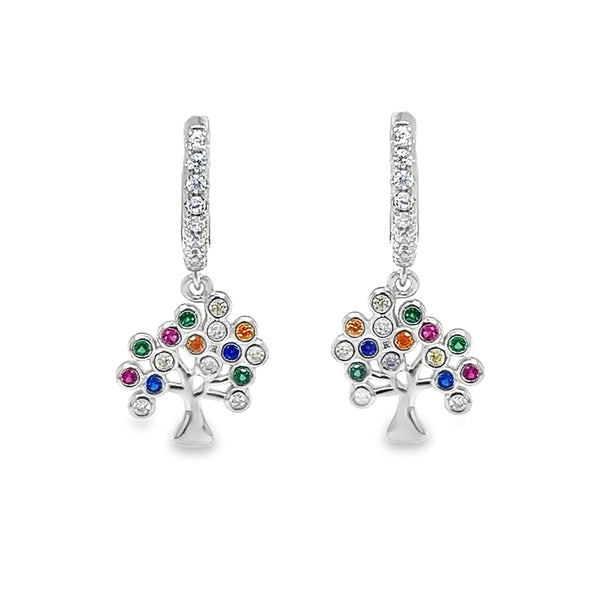 Silver Rainbow CZ Tree of Life  Huggy Earrings