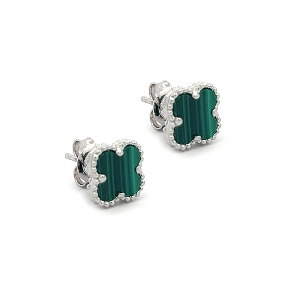 Silver Malachite Clover Stud Earring