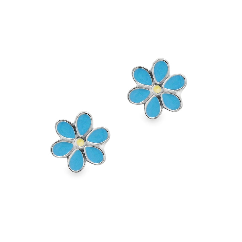 Silver Light Blue Enamel Flower Stud Earrings