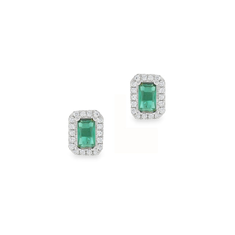 Silver Green & White CZ Rectangular Cluster Stud Earring