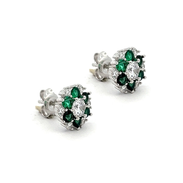 Silver Green & White CZ Flower Cluster Stud Earring