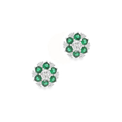 Silver Green & White CZ Flower Cluster Stud Earring