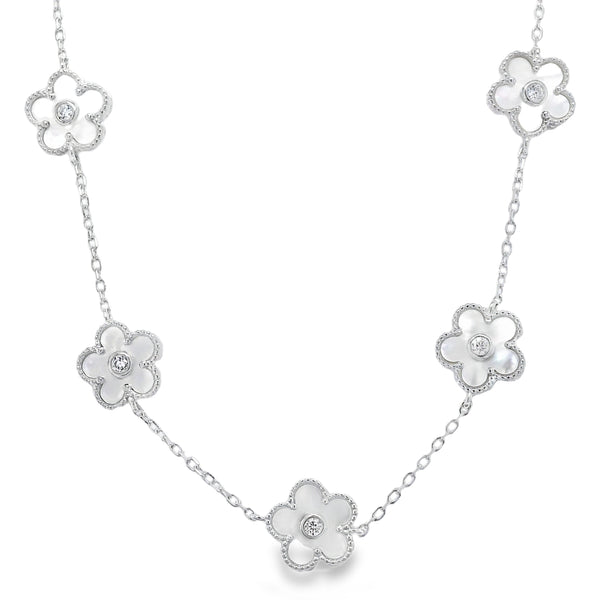 Silver CZ & Mother of Pearl 5 Clover Necklace