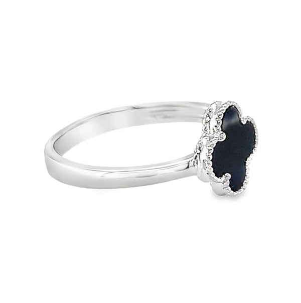 Silver Black Agate Clover Ring side