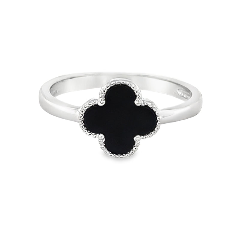 Silver Black Agate Clover Ring