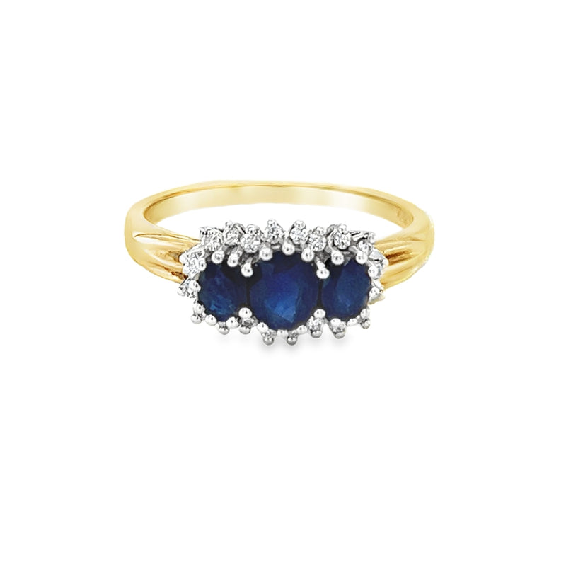 Sapphire & Diamond 3 Stone Cluster Ring 9ct Gold