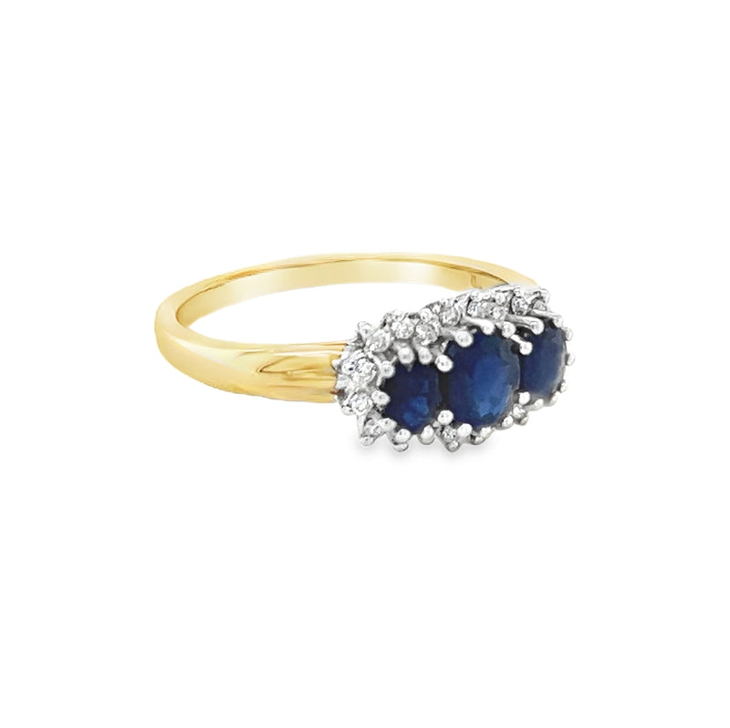 Sapphire & Diamond 3 Stone Cluster Ring 9ct Gold side