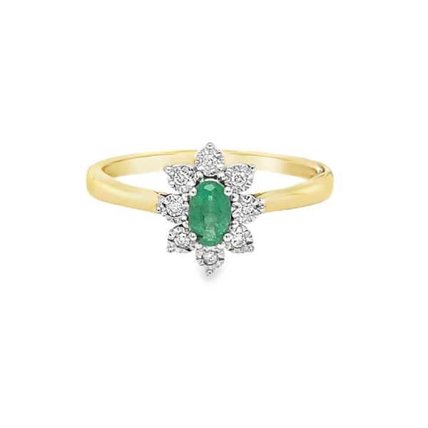 Emerald & Diamond Oval Illusion Set Cluster Ring 9ct Gold