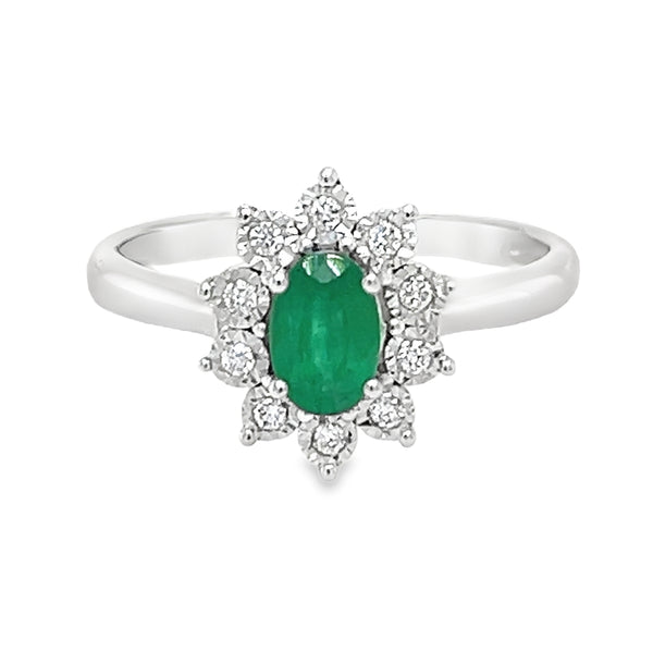 Emerald & Diamond Oval Illusion Set Cluster Ring 9ct White Gold