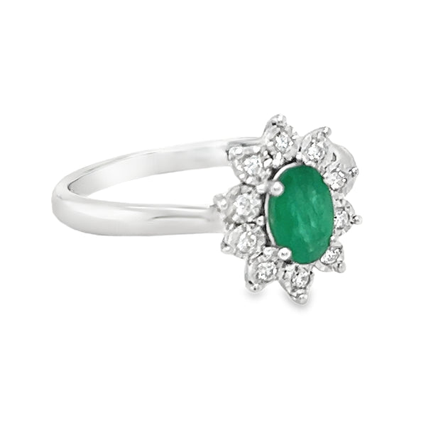 Emerald & Diamond Oval Illusion Set Cluster Ring 9ct White Gold side