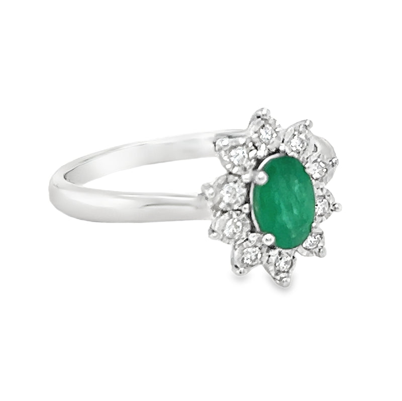 Emerald & Diamond Oval Illusion Set Cluster Ring 9ct White Gold side