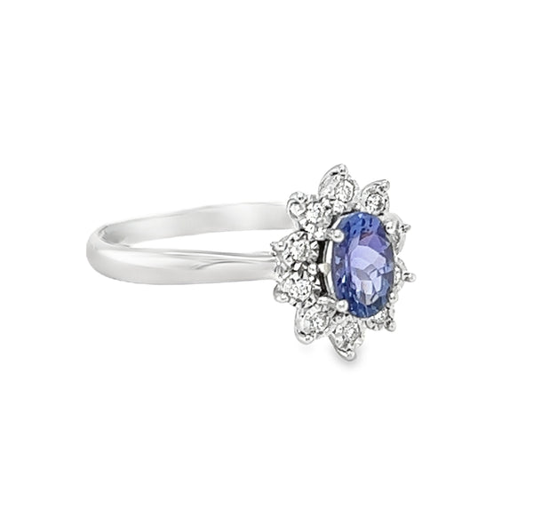 Tanzanite & Diamond Oval Illusion Set Cluster Ring 9ct White Gold side