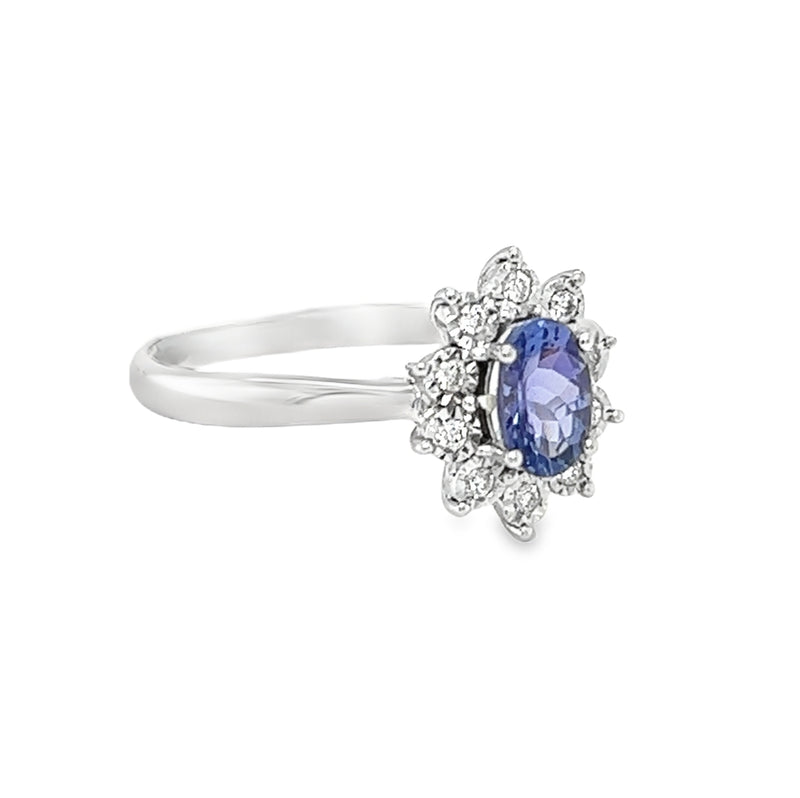 Tanzanite & Diamond Oval Illusion Set Cluster Ring 9ct White Gold side