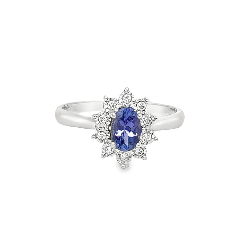 Tanzanite & Diamond Oval Illusion Set Cluster Ring 9ct White Gold