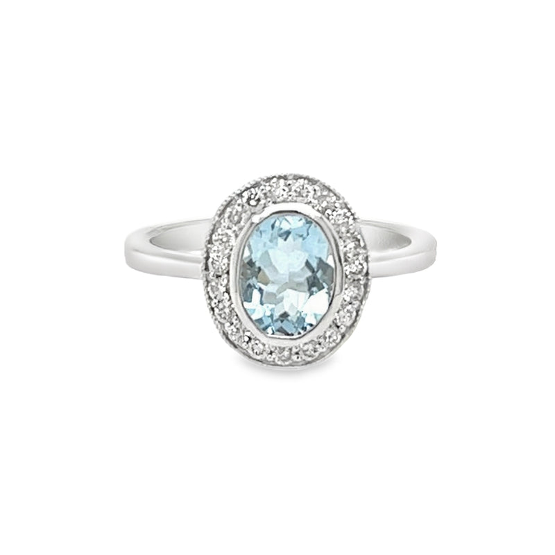 Aquamarine & Diamond Oval Cluster Ring 9ct White Gold